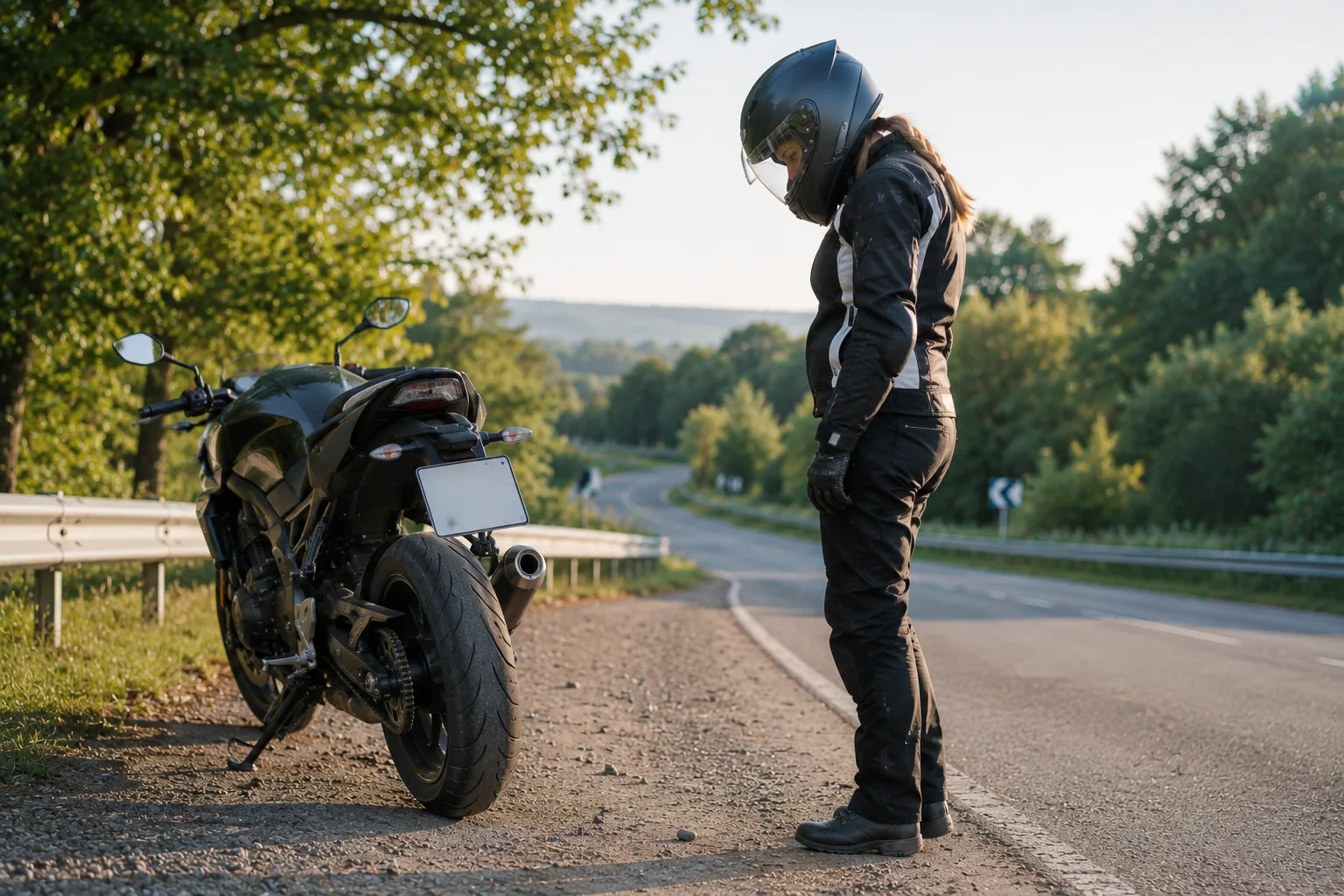 Motorradfahrerin prüft nach dem sicheren Anhalten den Hinterreifen ihres Motorrads.