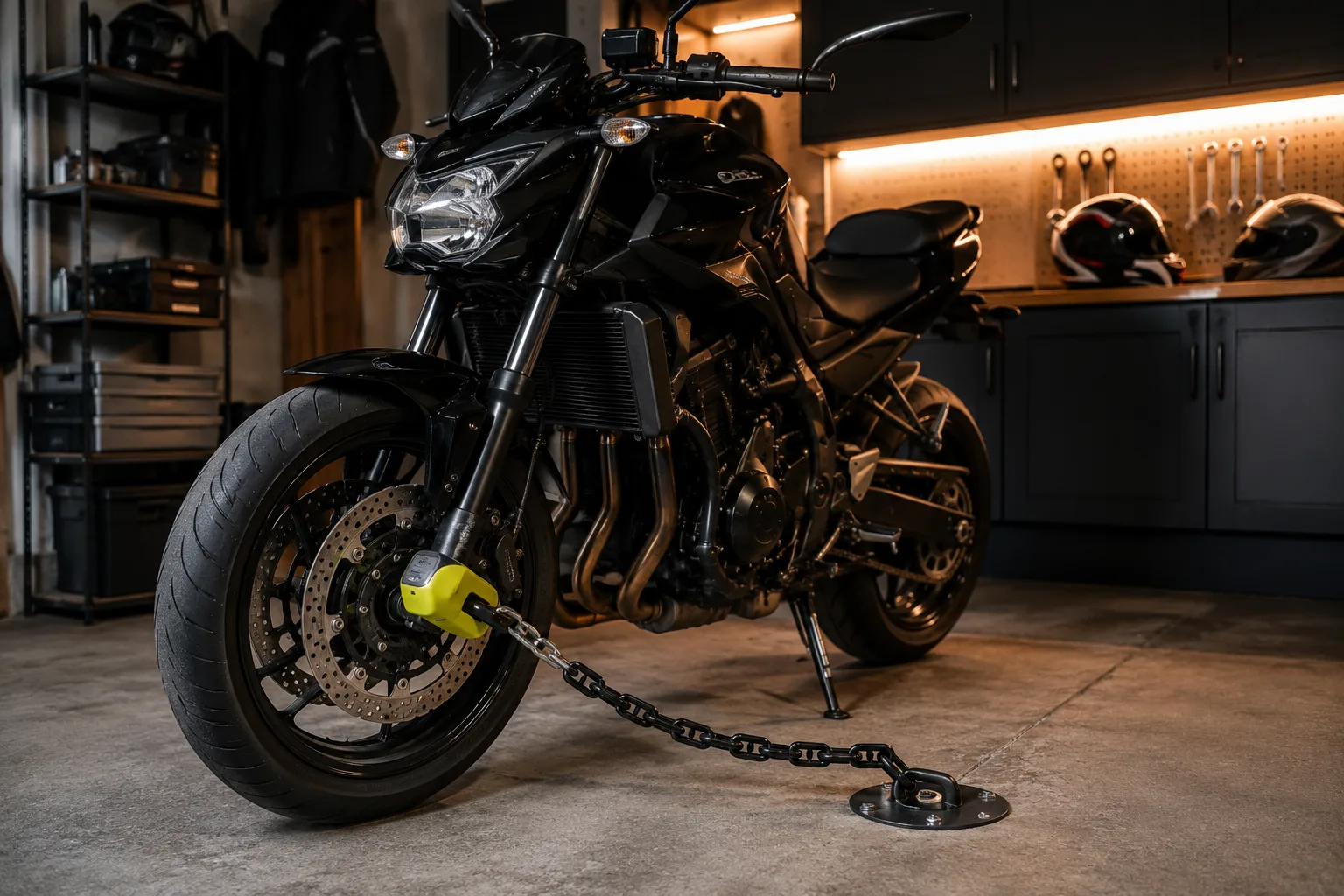 Motorrad in einer beleuchteten Garage mit Bremsscheibenschloss und Kettensicherung an einem Bodenanker