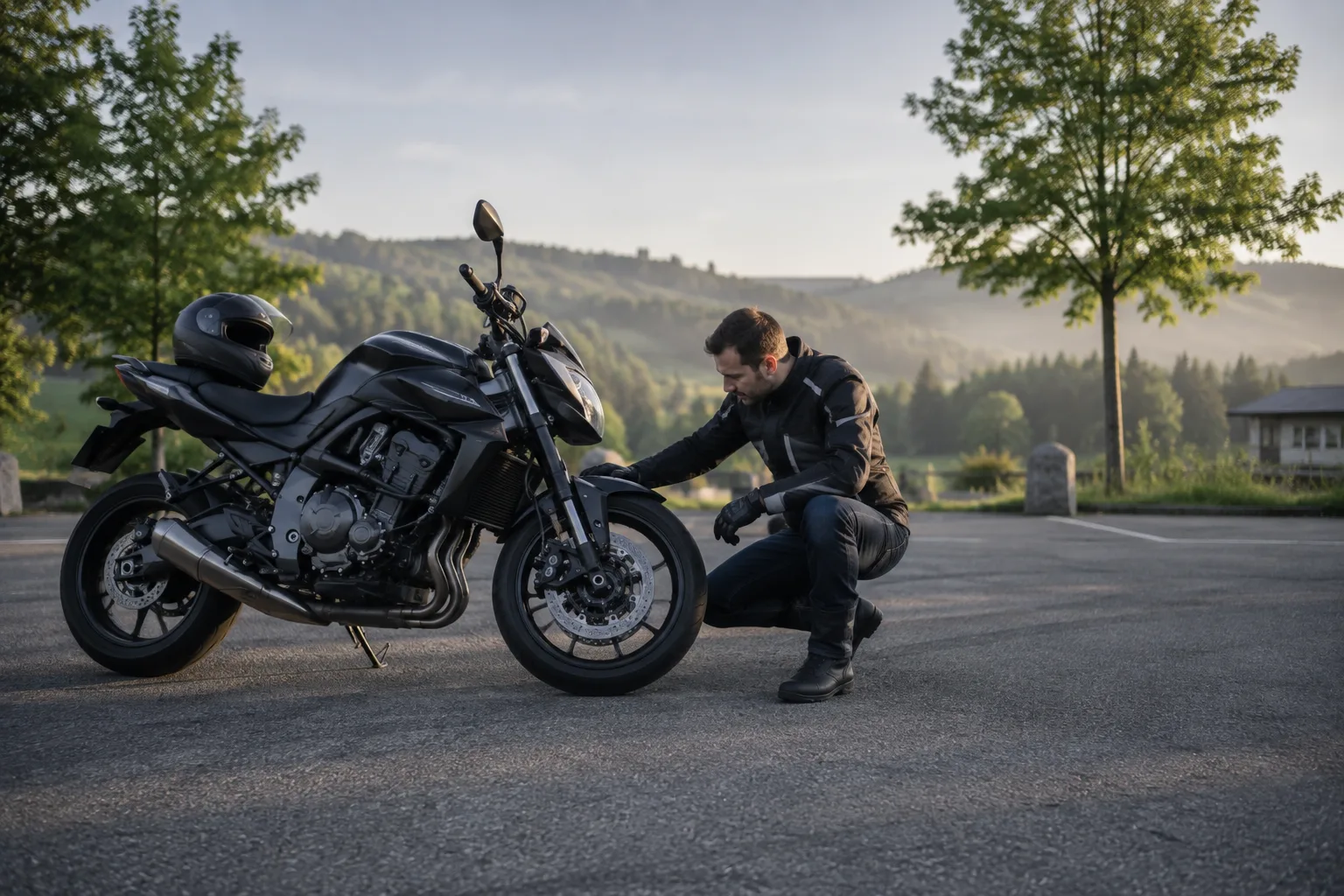 Motorradfahrerin prüft ihr Motorrad vor der ersten Ausfahrt nach einer Pause auf einem Parkplatz