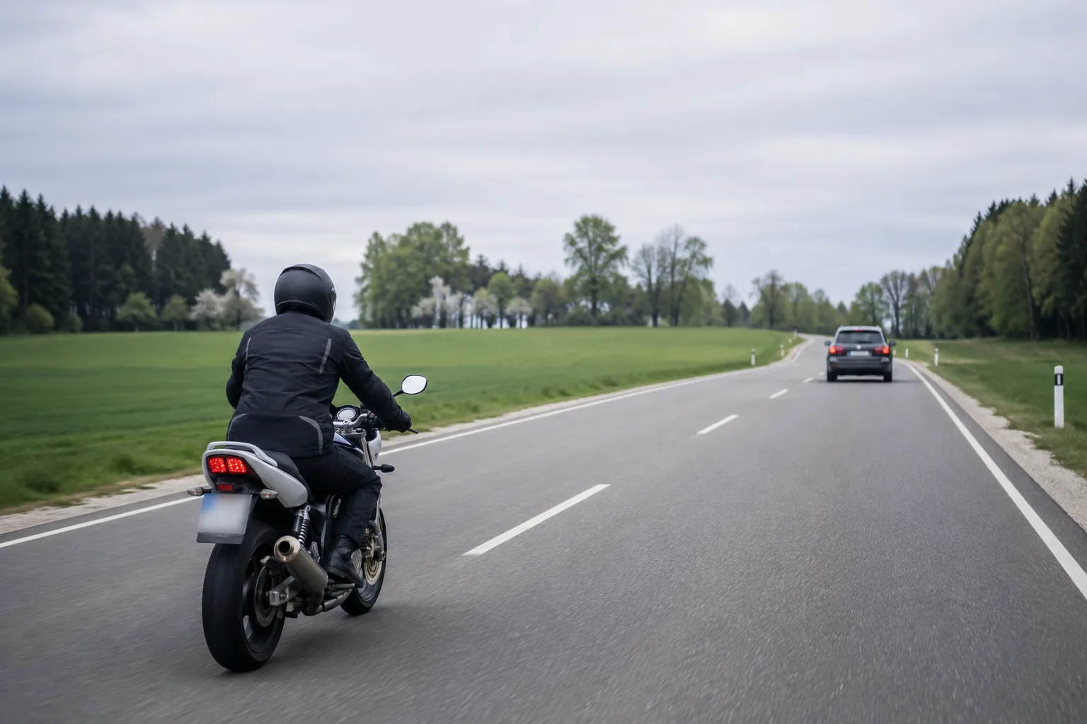 Motorradfahrerin fährt mit großzügigem Abstand hinter einem Pkw auf einer Landstraße.
