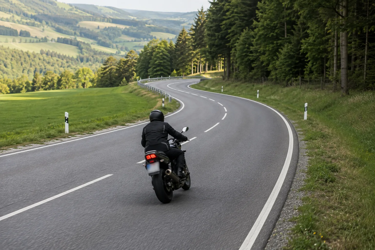 Motorradfahrer auf einer späten, sauberen Linie innerhalb seiner Fahrspur in einer Rechtskurve