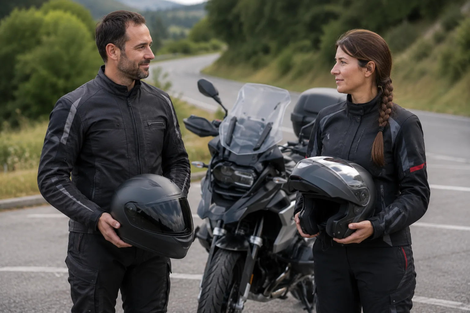 Zwei Motorradfahrer vergleichen einen Integralhelm und einen Klapphelm neben einem Motorrad.