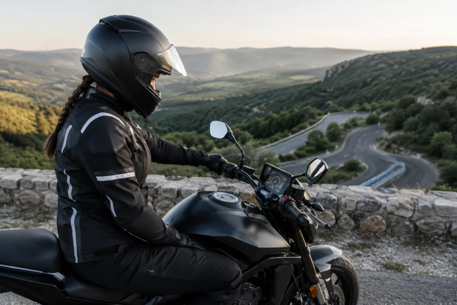Fahrerin auf einem modernen Motorrad betrachtet das digitale Cockpit vor einer Landstraßenfahrt.