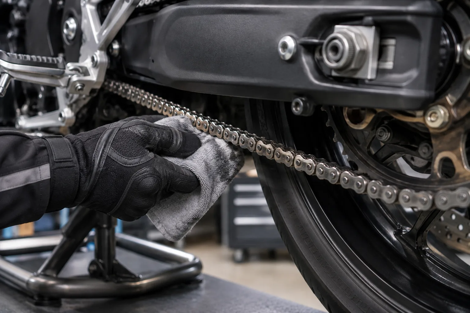 Kettenschmierstoff wird gezielt auf die Innenseite einer Motorradkette aufgetragen.