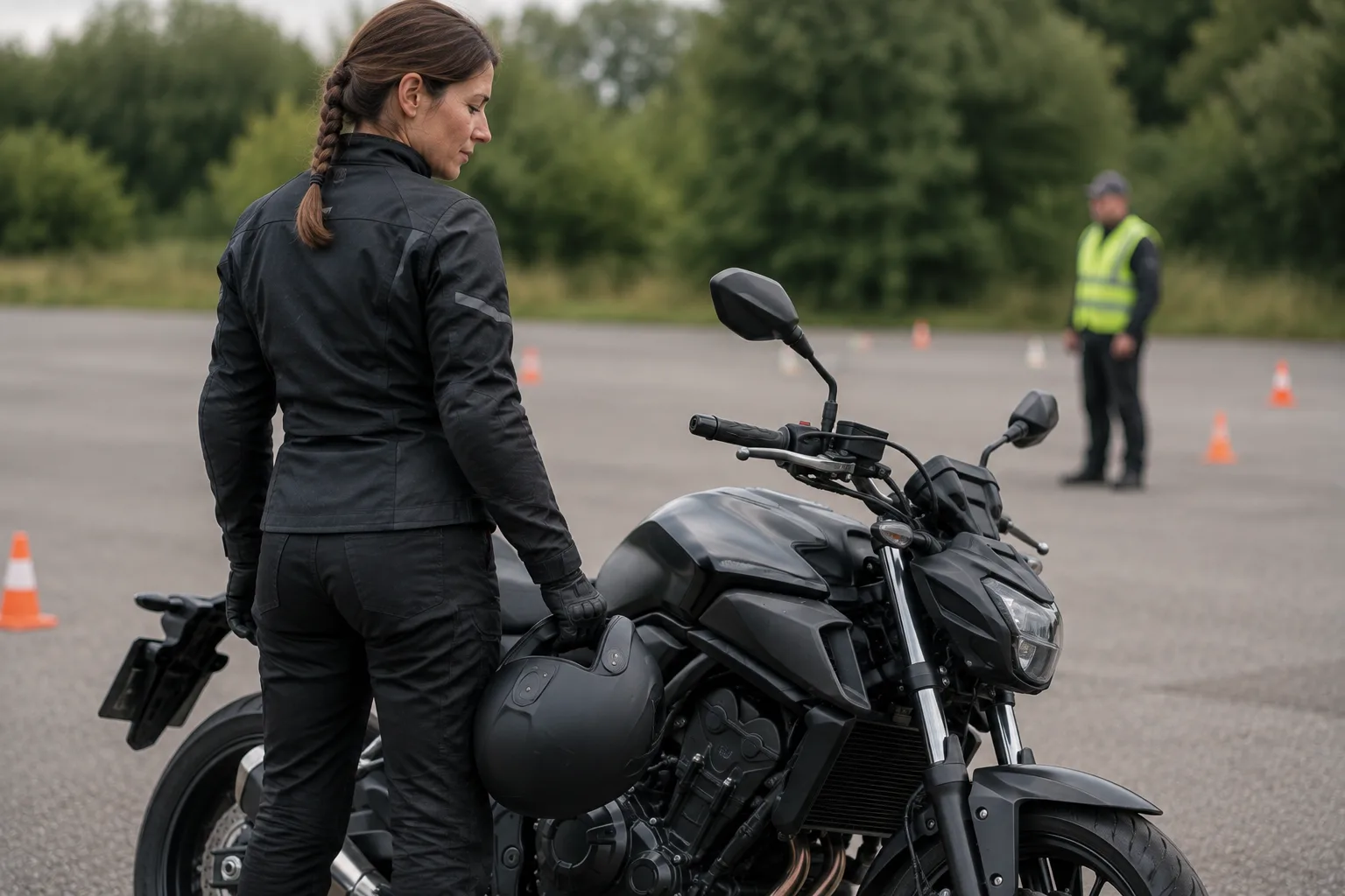 Motorradfahrerin in Schutzkleidung bereitet sich auf einem Übungsplatz auf die praktische Aufstiegsprüfung vor.