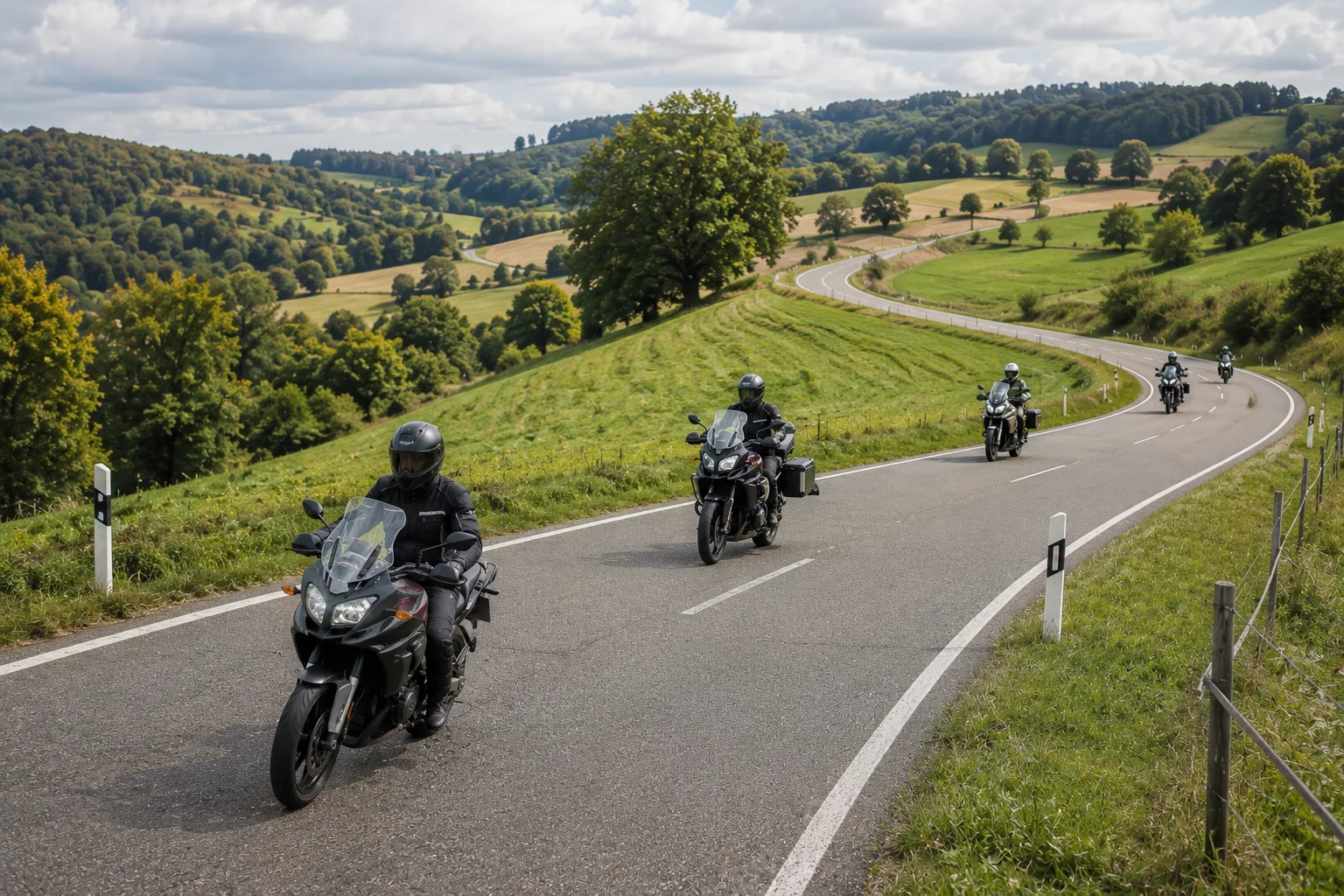 Eine kleine Motorradgruppe fährt mit deutlichen Abständen auf einer übersichtlichen Landstraße.