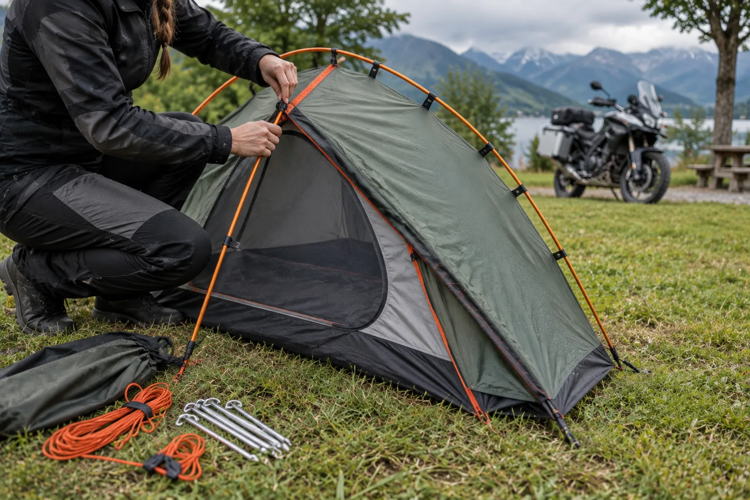Aufbau eines kompakten Kuppelzelts neben einem Motorrad auf einer Wiese