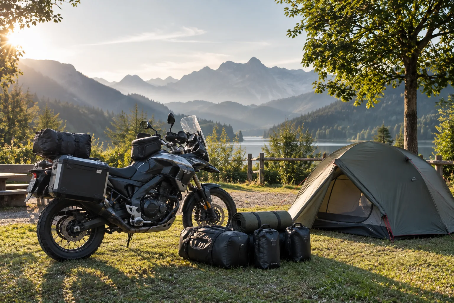 Beladenes Reisemotorrad neben einem kompakten Zelt auf einem Campingplatz