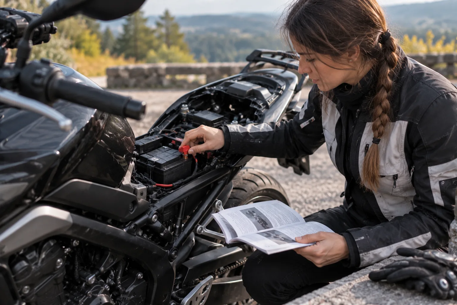 Motorradfahrerin prüft vor einer Starthilfe Batterieanschlüsse und Unterlagen am abgestellten Motorrad.