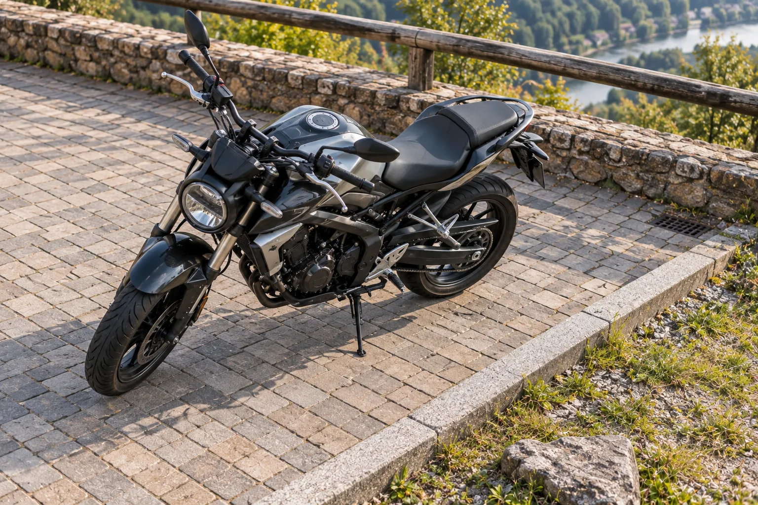Motorrad auf leicht geneigter Pflasterfläche mit erkennbarer Seitenneigung