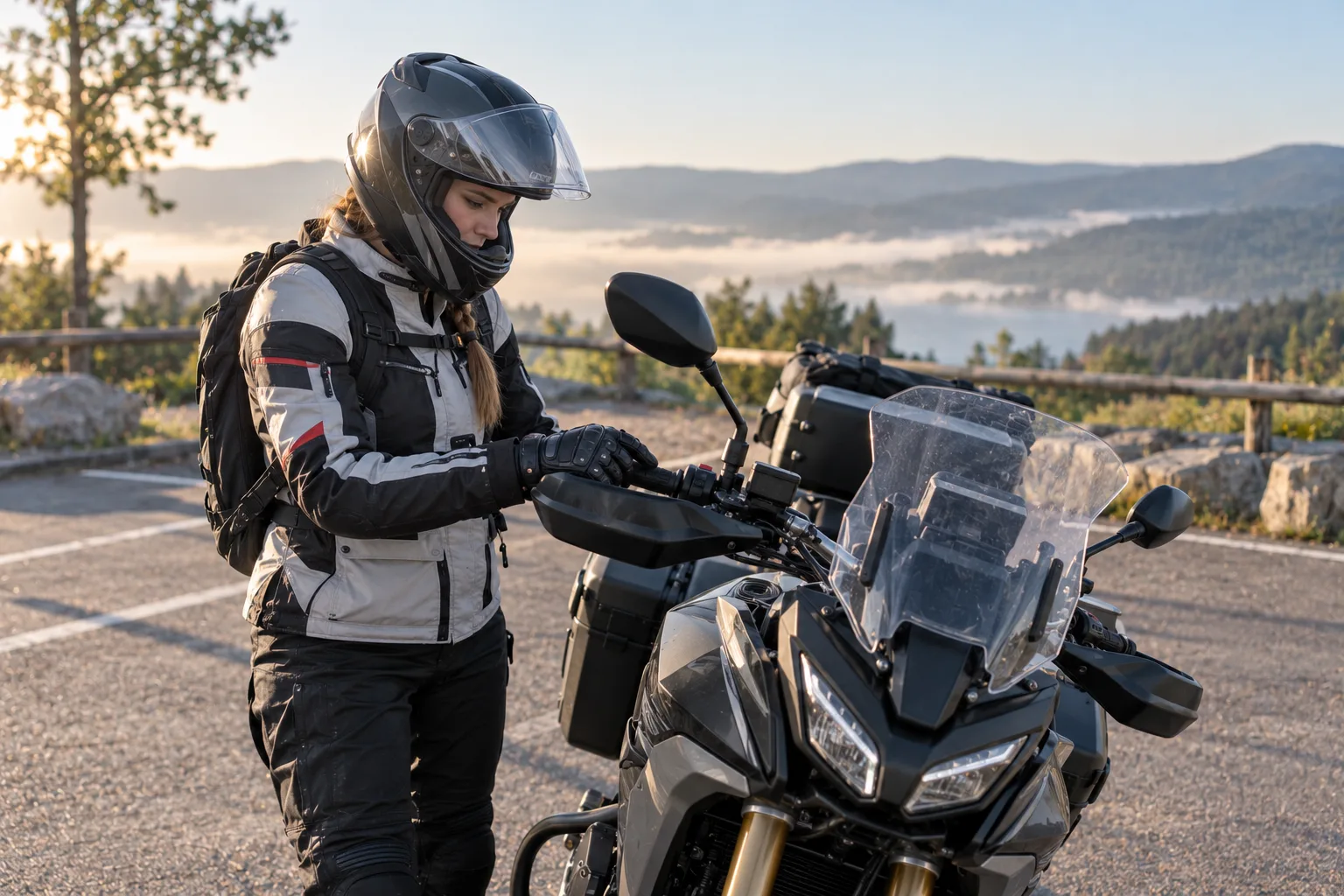 Motorradfahrerin prüft vor der ersten Fahrt Bedienelemente und Sitzposition an einem Motorrad