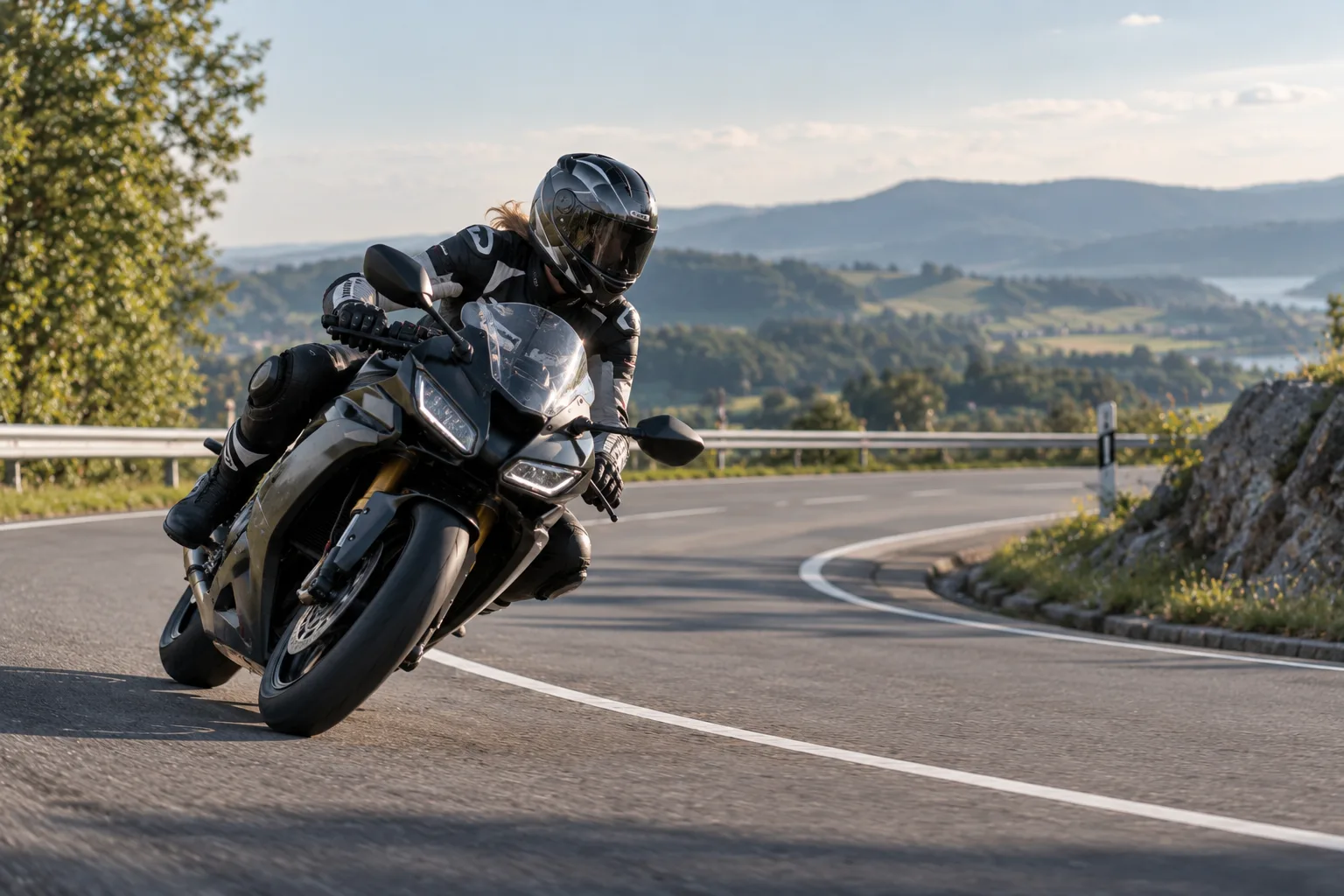Motorradfahrerin fährt mit einem modernen Sportmotorrad kontrolliert durch eine übersichtliche Landstraßenkurve