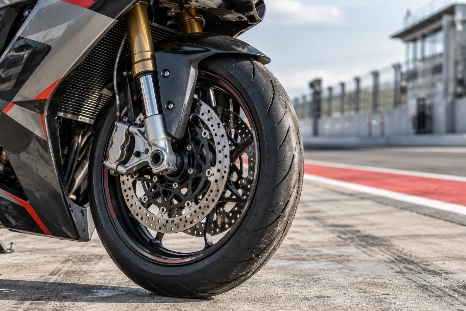 Nahaufnahme von Vorderrad, Bremse und Gabel eines modernen Sportmotorrads in der Boxengasse
