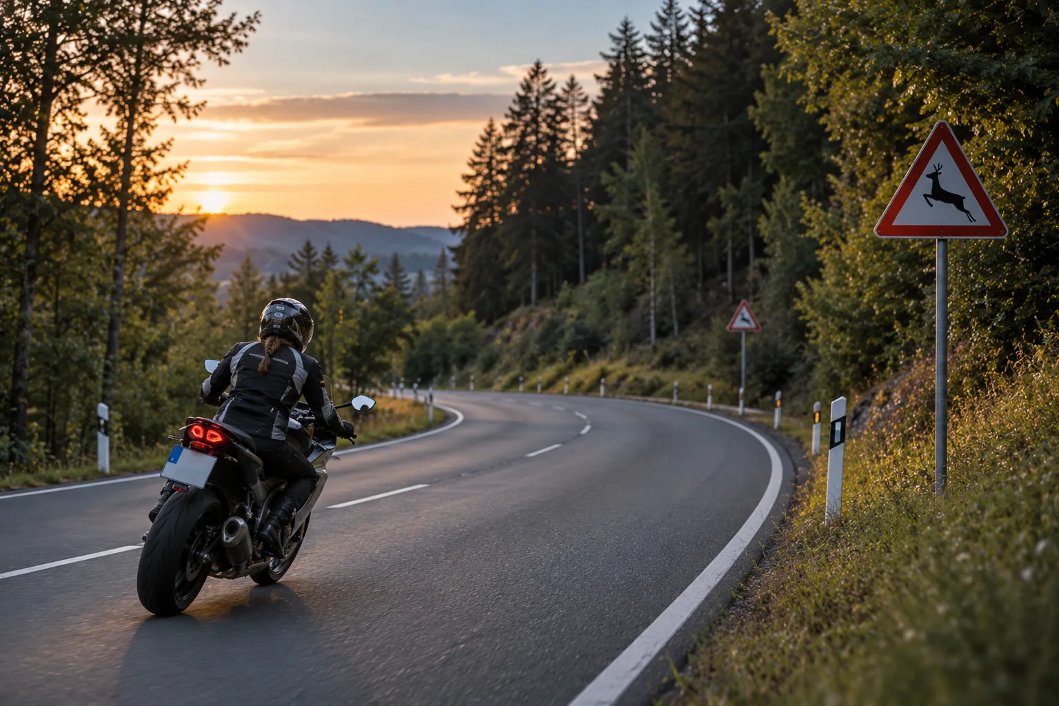 Motorradfahrerin auf einer Landstraße am Waldrand bei Dämmerung neben einem Wildwarnzeichen