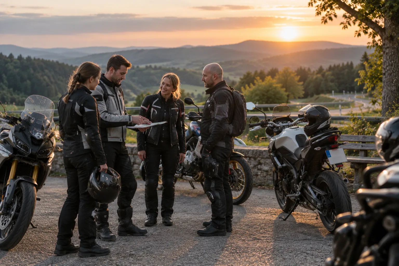 Kleine Motorradgruppe bespricht an einem Treffpunkt eine gemeinsame Ausfahrt