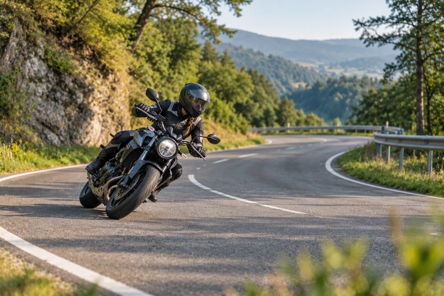 Motorradfahrerin fährt in kontrollierter Schräglage durch eine übersichtliche Landstraßenkurve.