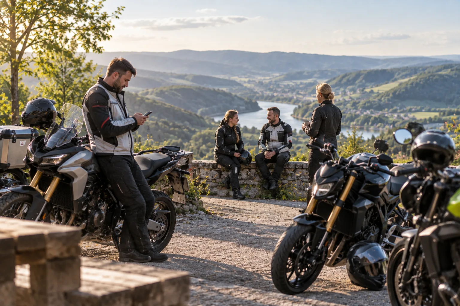 Motorradfahrende tauschen sich bei einer Tourpause neben ihren abgestellten Maschinen aus.
