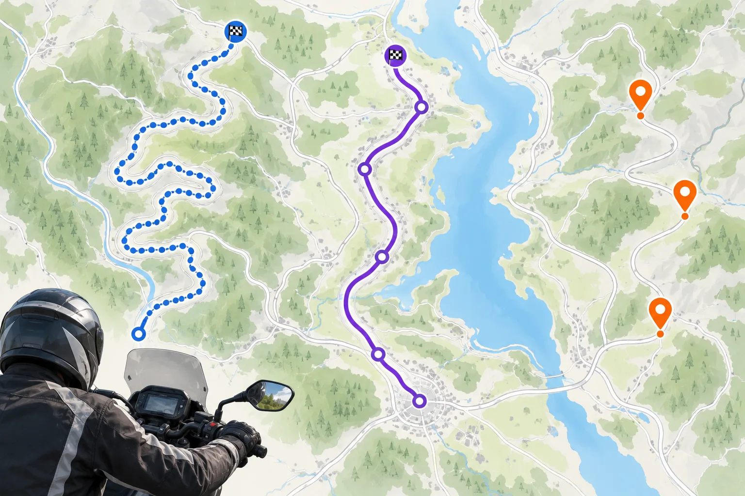 Kartenillustration mit dichtem Trackverlauf, Route mit wenigen Zwischenzielen und einzelnen Wegpunkten