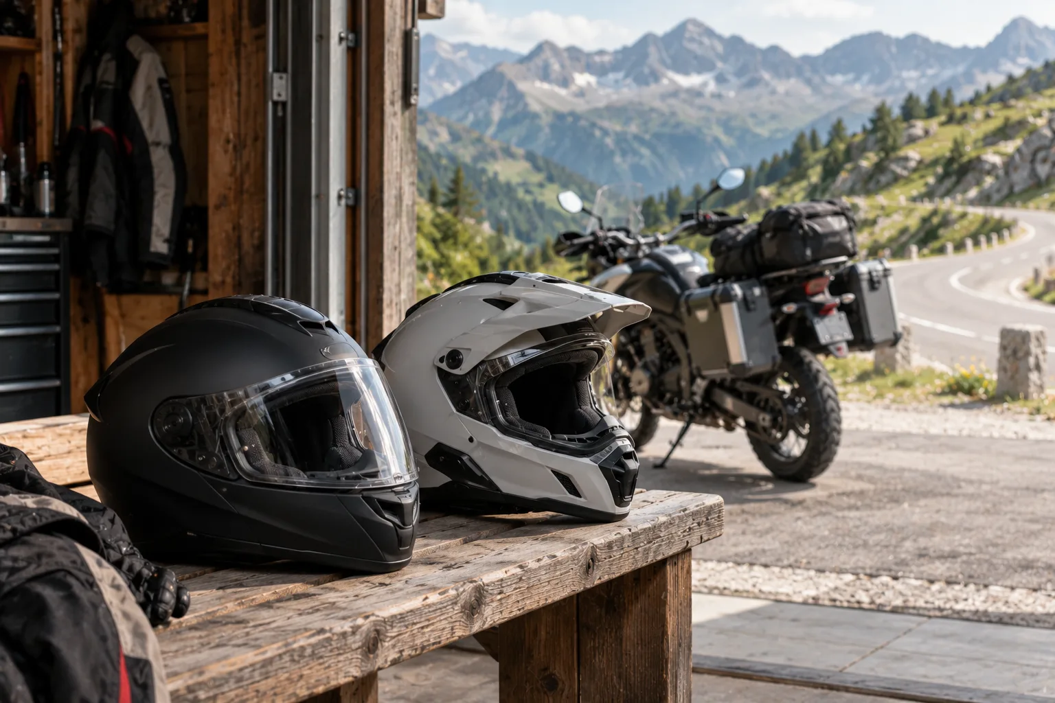 Integralhelm und Adventure-Helm liegen nebeneinander vor einem Reisemotorrad
