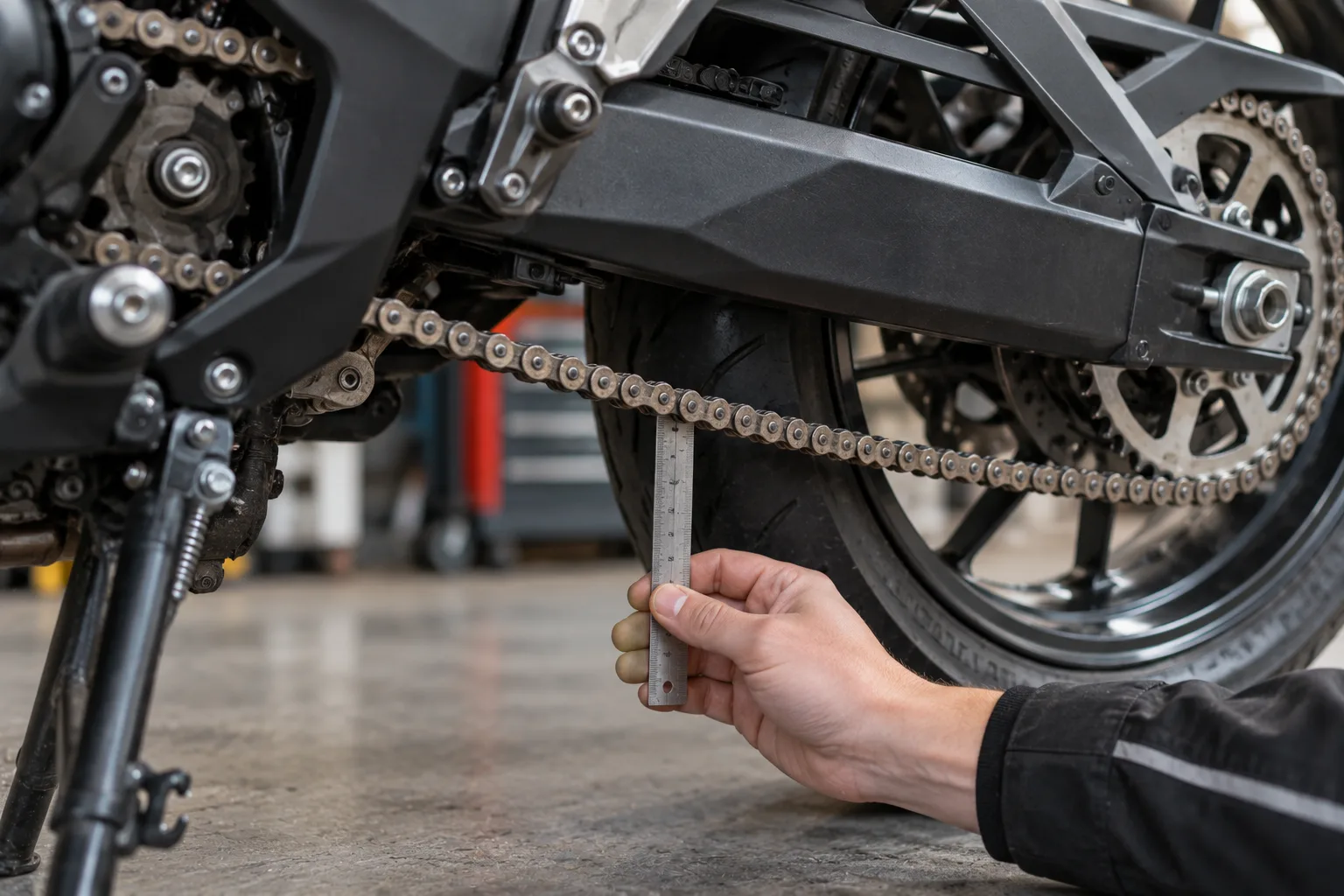 Messung des Kettendurchhangs am unteren Kettentrum eines Motorrads mit einem Lineal
