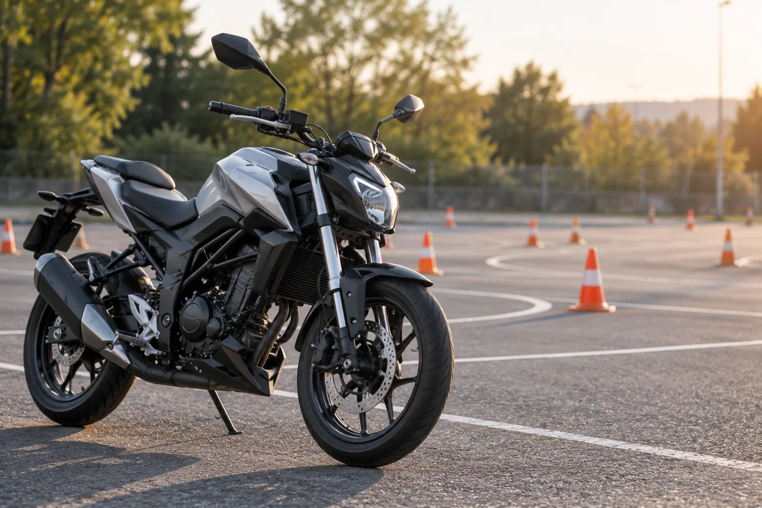 125er-Motorrad auf einem Übungsplatz mit Pylonen