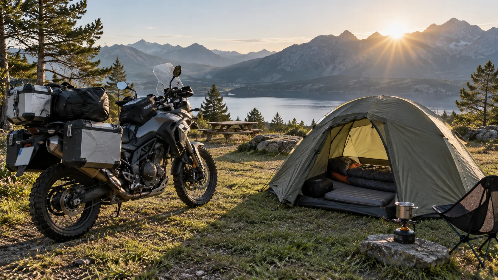 Reisemotorrad neben Trekkingzelt mit kompakt verpacktem Schlafsack und Isomatte