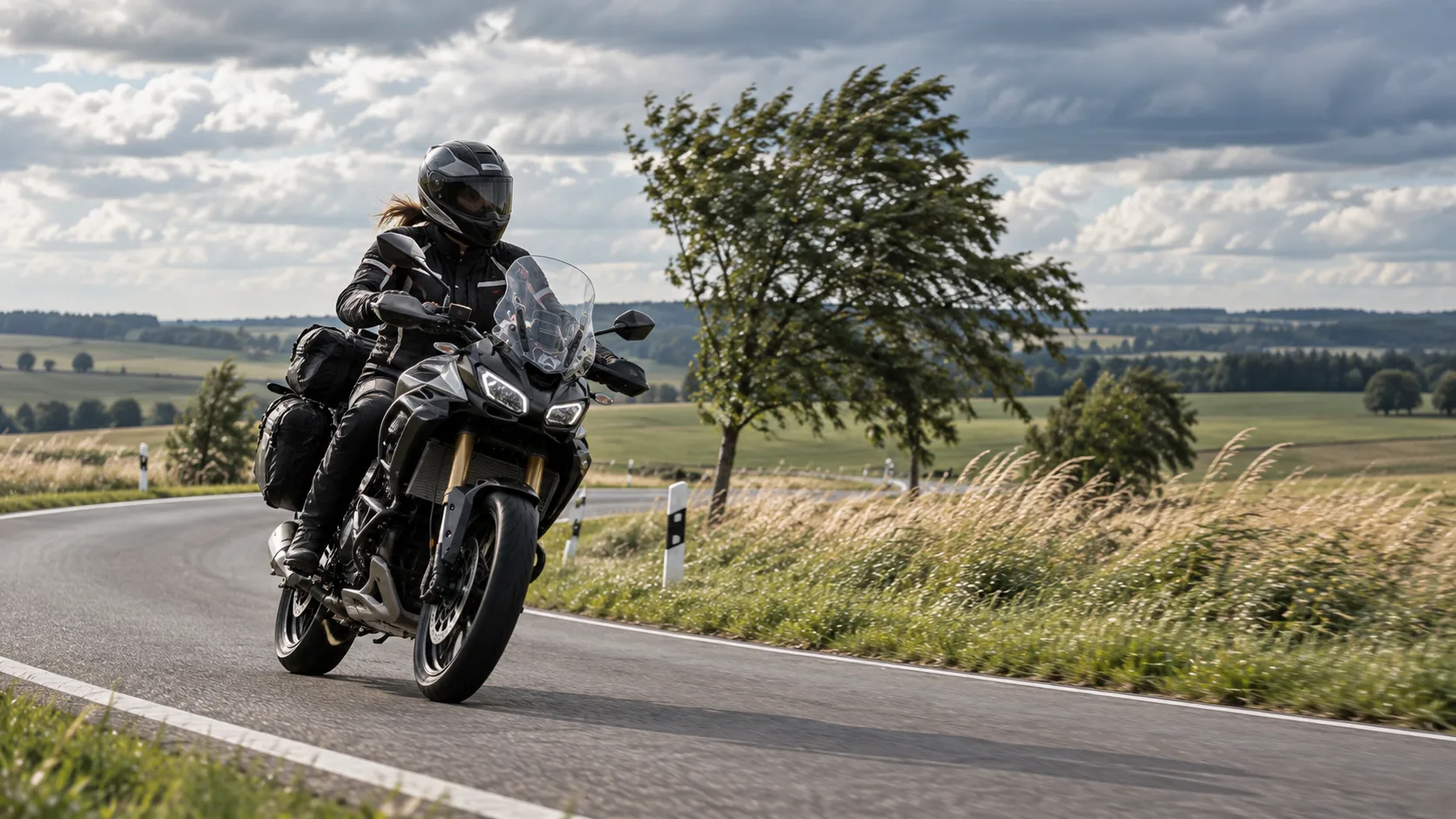 Motorradfahrerin auf einer offenen Landstraße bei spürbarem Seitenwind