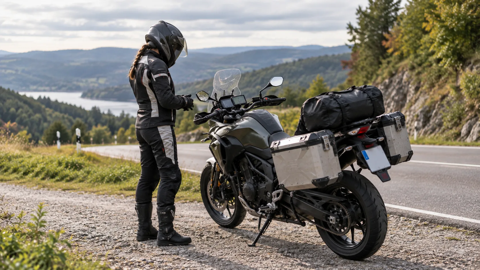 Motorrad steht nach einem Motorausfall sicher abseits einer Landstraße, während die Fahrerin oder der Fahrer das Cockpit prüft.