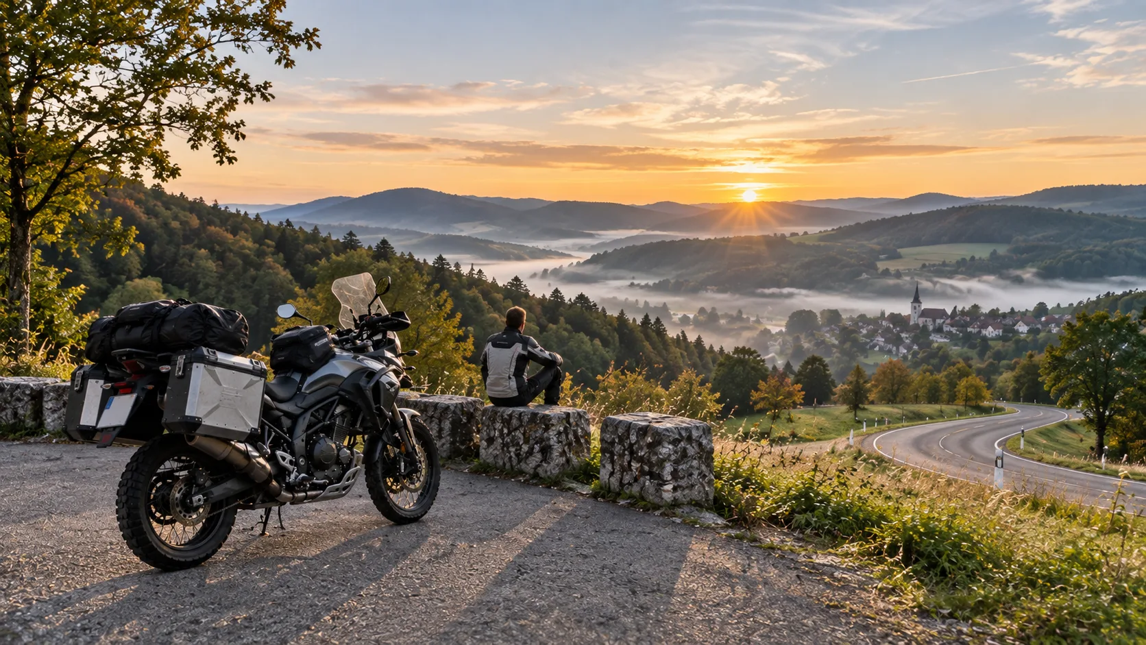 Motorrad an einem Aussichtspunkt über einer ländlichen Region am Morgen