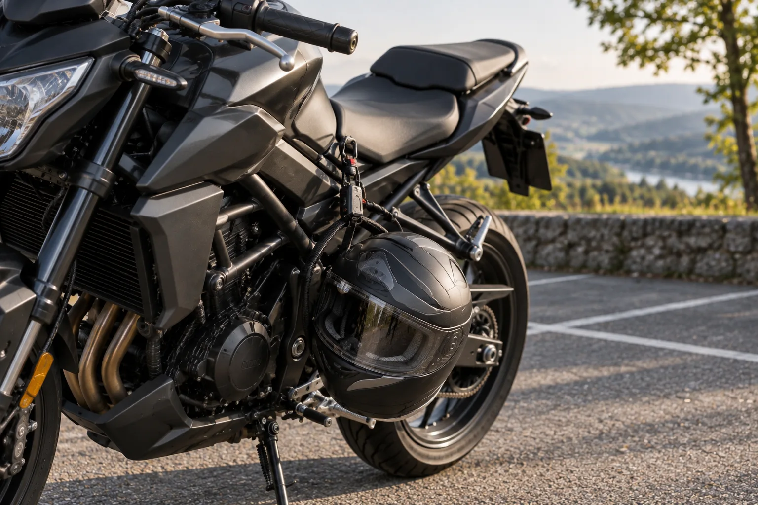 Integralhelm, der für einen kurzen Stopp mit einem Schloss am Motorrad gesichert ist