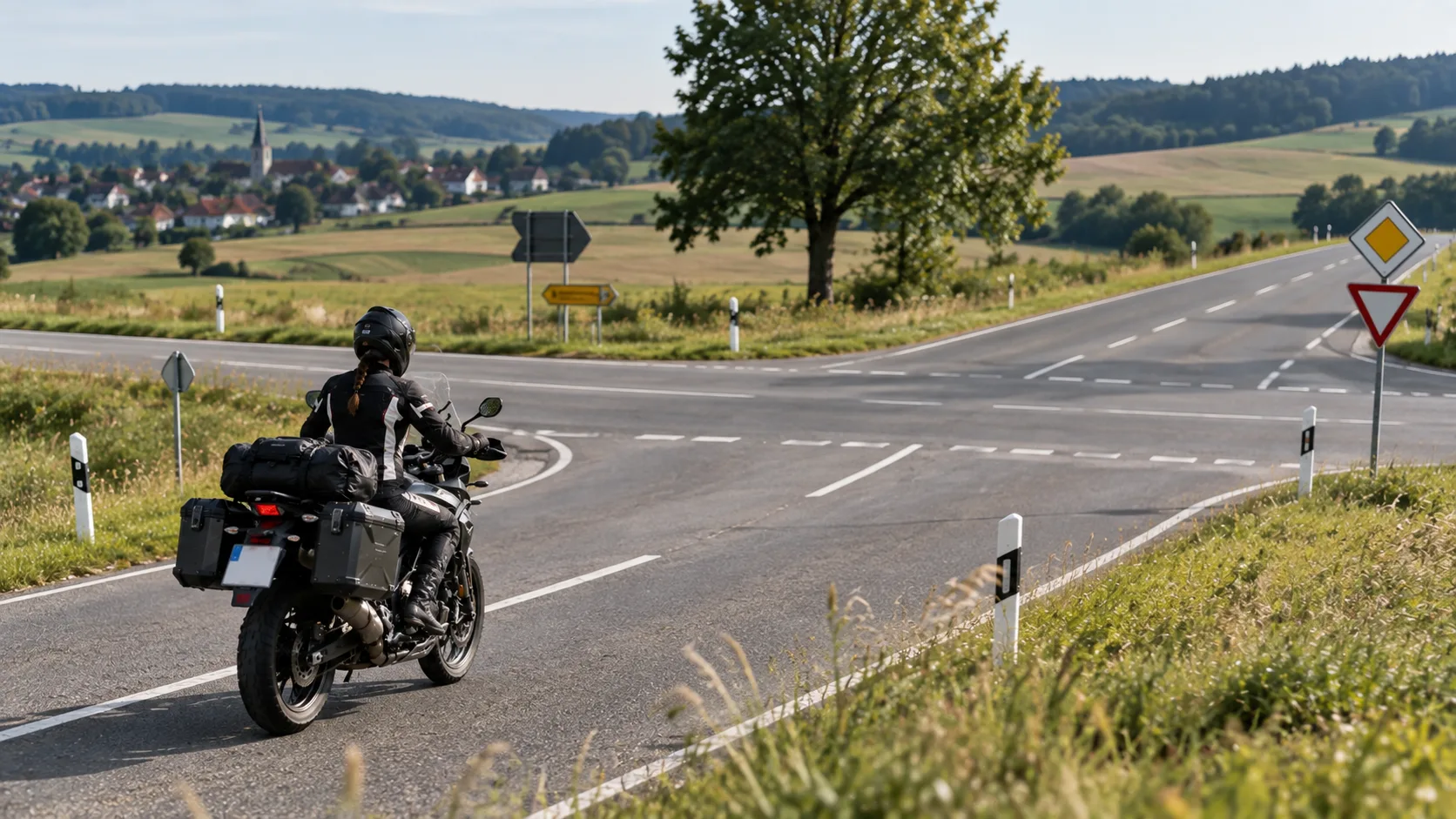 Motorradfahrerin nähert sich aufmerksam einer übersichtlichen Kreuzung auf einer Landstraße
