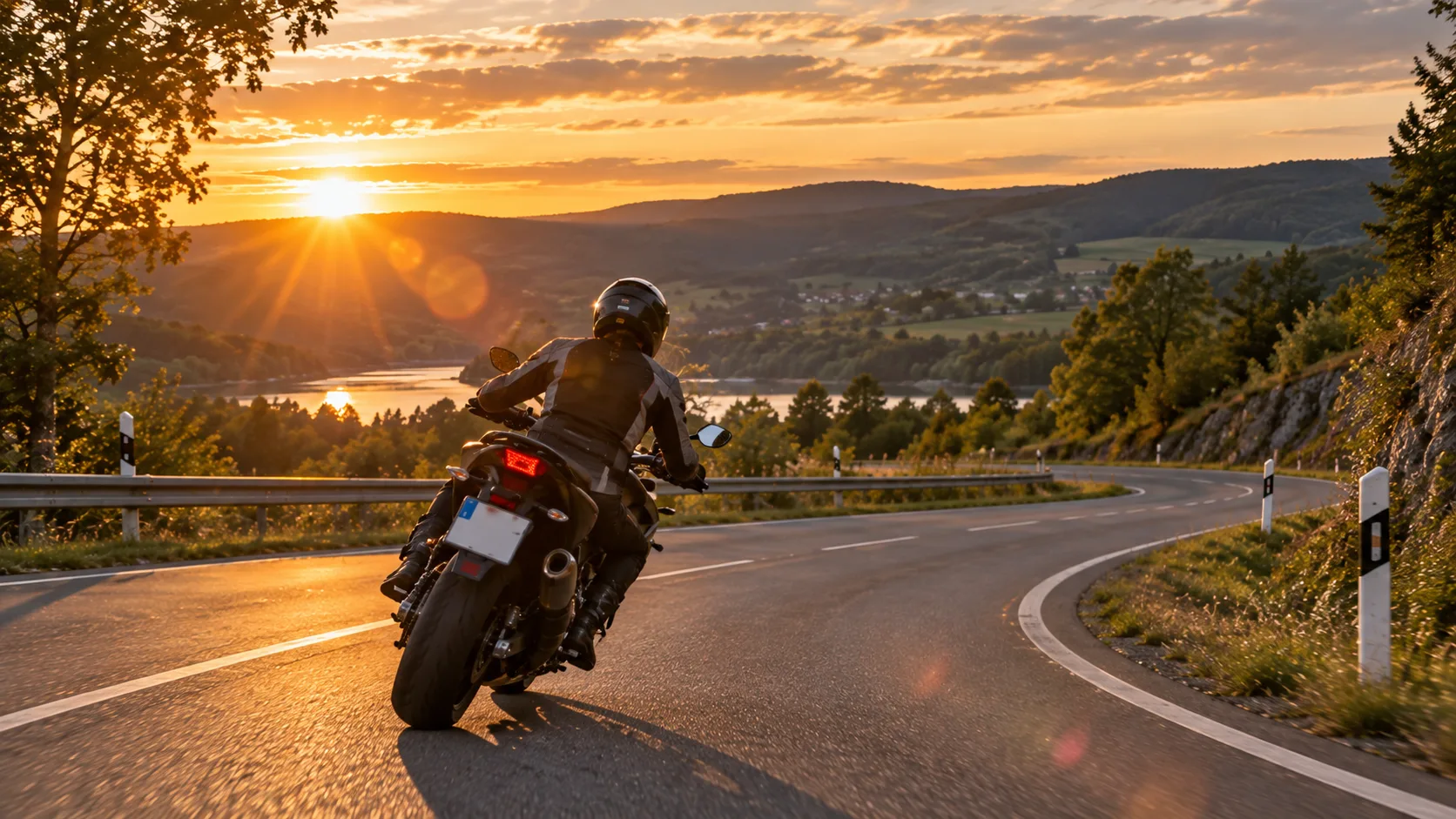 Motorradfahrerin auf einer Landstraße bei tief stehender Sonne und Gegenlicht