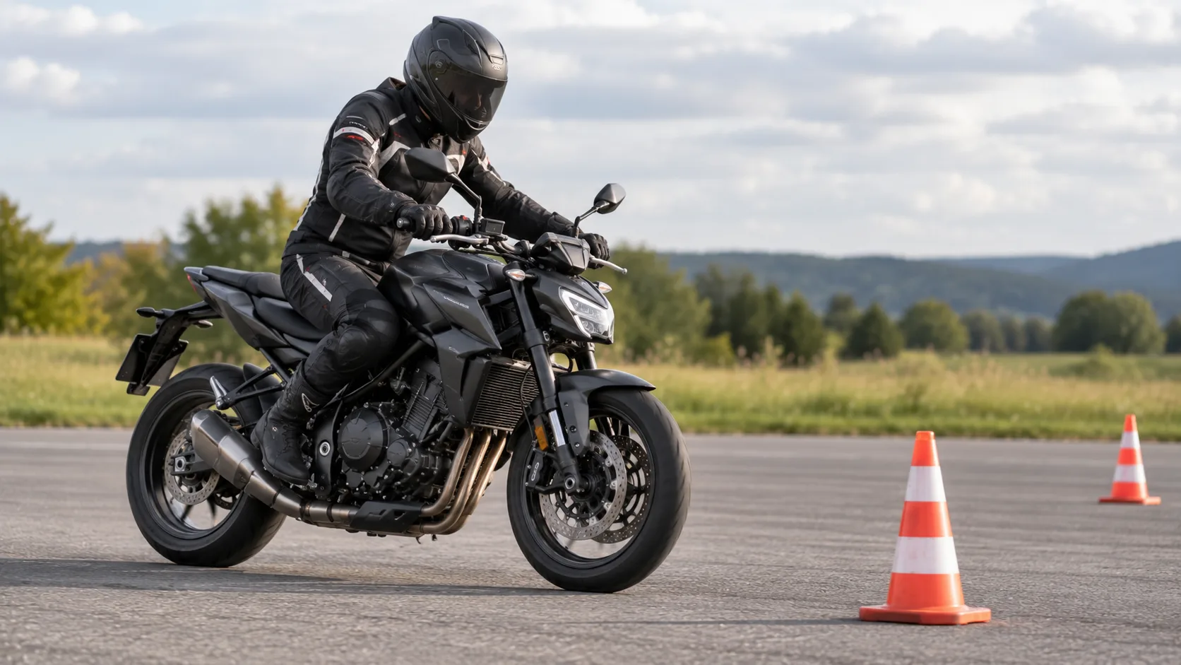Motorrad wird auf gerader, trockener Fahrbahn kontrolliert abgebremst; die Vorderradgabel ist leicht eingefedert.