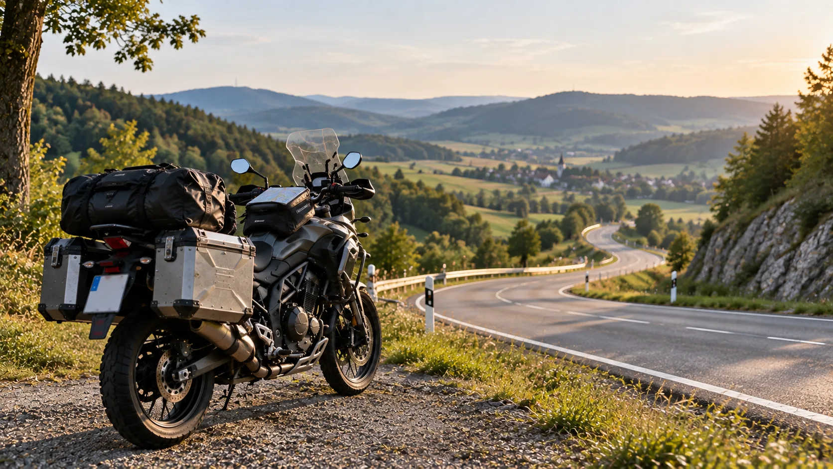 Reisemotorrad an einer kurvigen Landstraße in hügeliger Landschaft