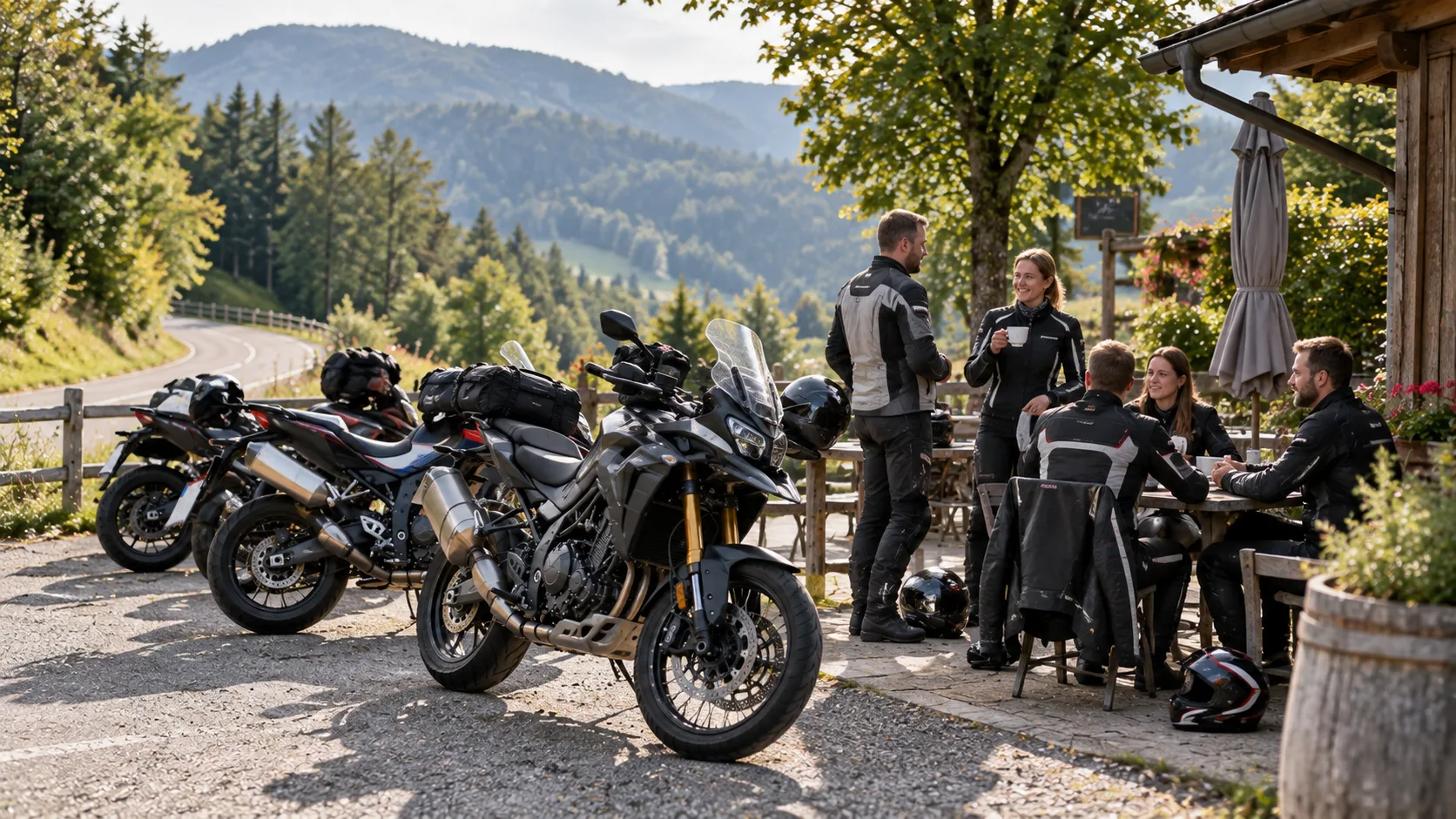 Motorradfahrerinnen und Motorradfahrer machen mit ihren Maschinen Pause an einem ländlichen Treffpunkt.